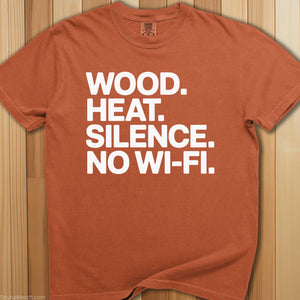 Wood, Heat, Silence. Sauna T-Shirt - SaunaMerch