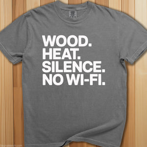 Wood, Heat, Silence. Sauna T-Shirt - SaunaMerch