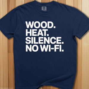 Wood, Heat, Silence. Sauna T-Shirt - SaunaMerch