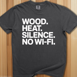Wood, Heat, Silence. Sauna T-Shirt - SaunaMerch