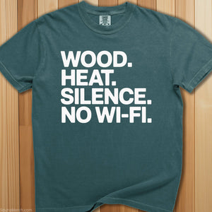 Wood, Heat, Silence. Sauna T-Shirt - SaunaMerch