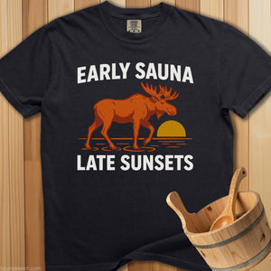 Early Sauna Late Sunsets T-Shirt - Black