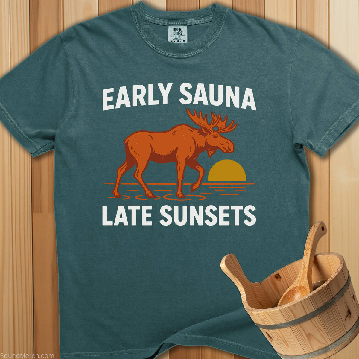 Early Sauna Late Sunsets T-Shirt - Blue Spruce