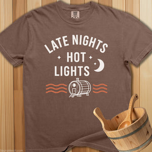 Late Nights Hot Lights Sauna T-Shirt - SaunaMerch