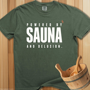 Powered By Sauna And Delusion T-Shirt - SaunaMerch
