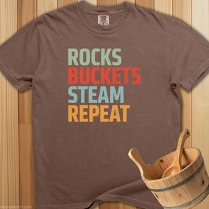 Rocks Buckets Steam Repeat T-Shirt - SaunaMerch