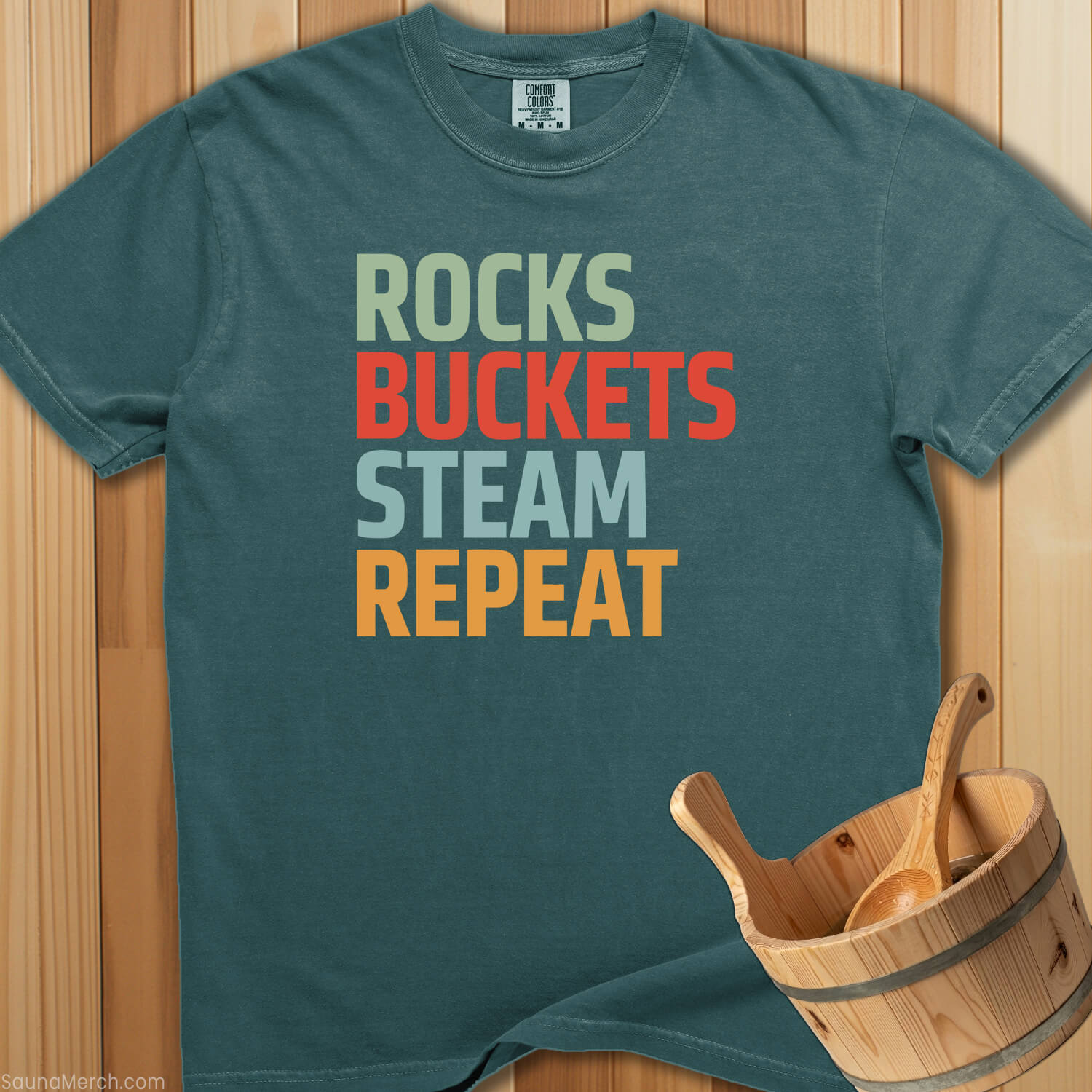 Rocks Buckets Steam Repeat T-Shirt - SaunaMerch