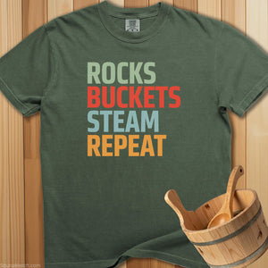 Rocks Buckets Steam Repeat T-Shirt - SaunaMerch