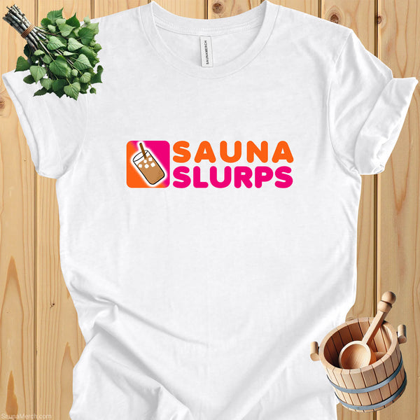 Sauna Slurps T-Shirt: Satirical Dunkin-Inspired Design for Sauna Lovers