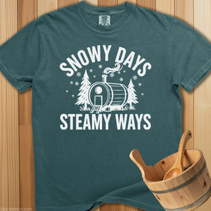 Snowy Days Steamy Ways Sauna T-Shirt - Blue Spruce