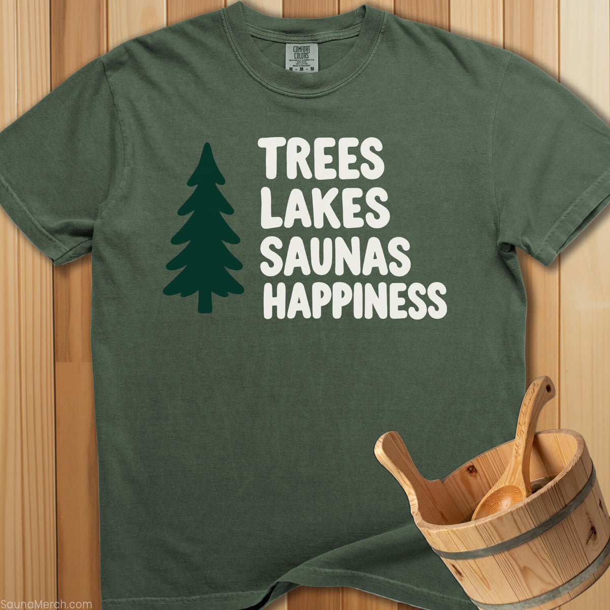 Trees Lakes Saunas Happiness T-Shirt - SaunaMerch