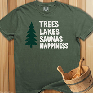 Trees Lakes Saunas Happiness T-Shirt - SaunaMerch