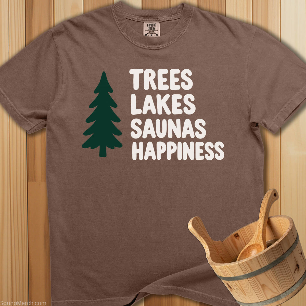 Trees Lakes Saunas Happiness T-Shirt - SaunaMerch