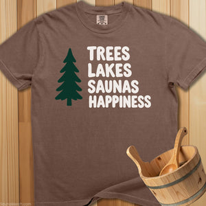 Trees Lakes Saunas Happiness T-Shirt - SaunaMerch