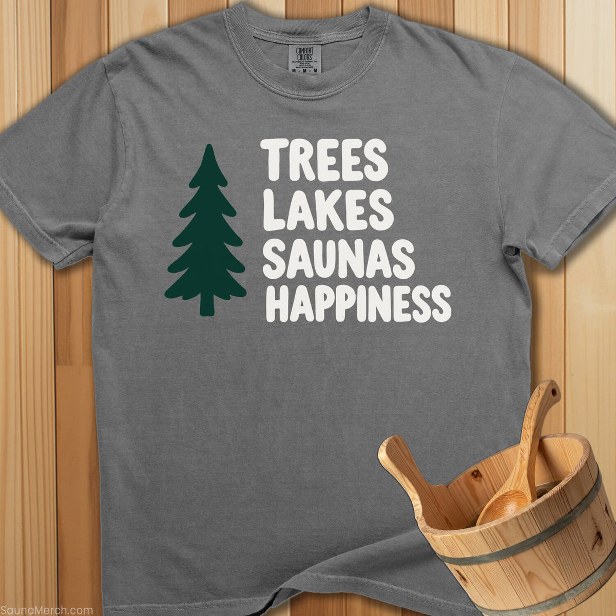 Trees Lakes Saunas Happiness T-Shirt - SaunaMerch