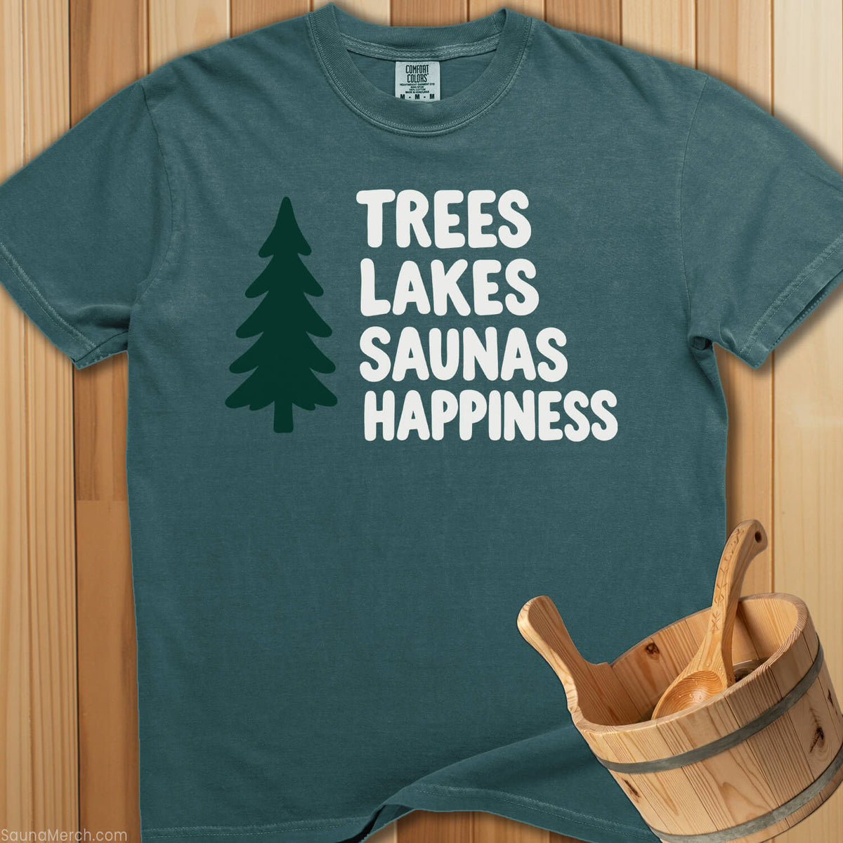 Trees Lakes Saunas Happiness T-Shirt - SaunaMerch