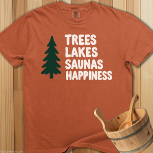 Trees Lakes Saunas Happiness T-Shirt - SaunaMerch