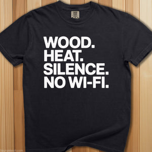 Wood, Heat, Silence. Sauna T-Shirt - SaunaMerch