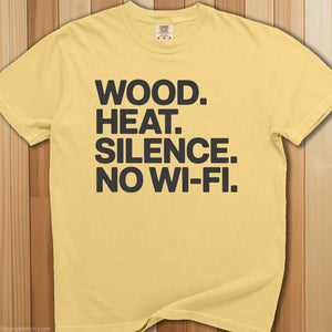 Wood, Heat, Silence. Sauna T-Shirt - SaunaMerch